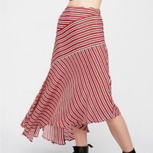Free People Asymmetrical, red stripe skirt with slit.